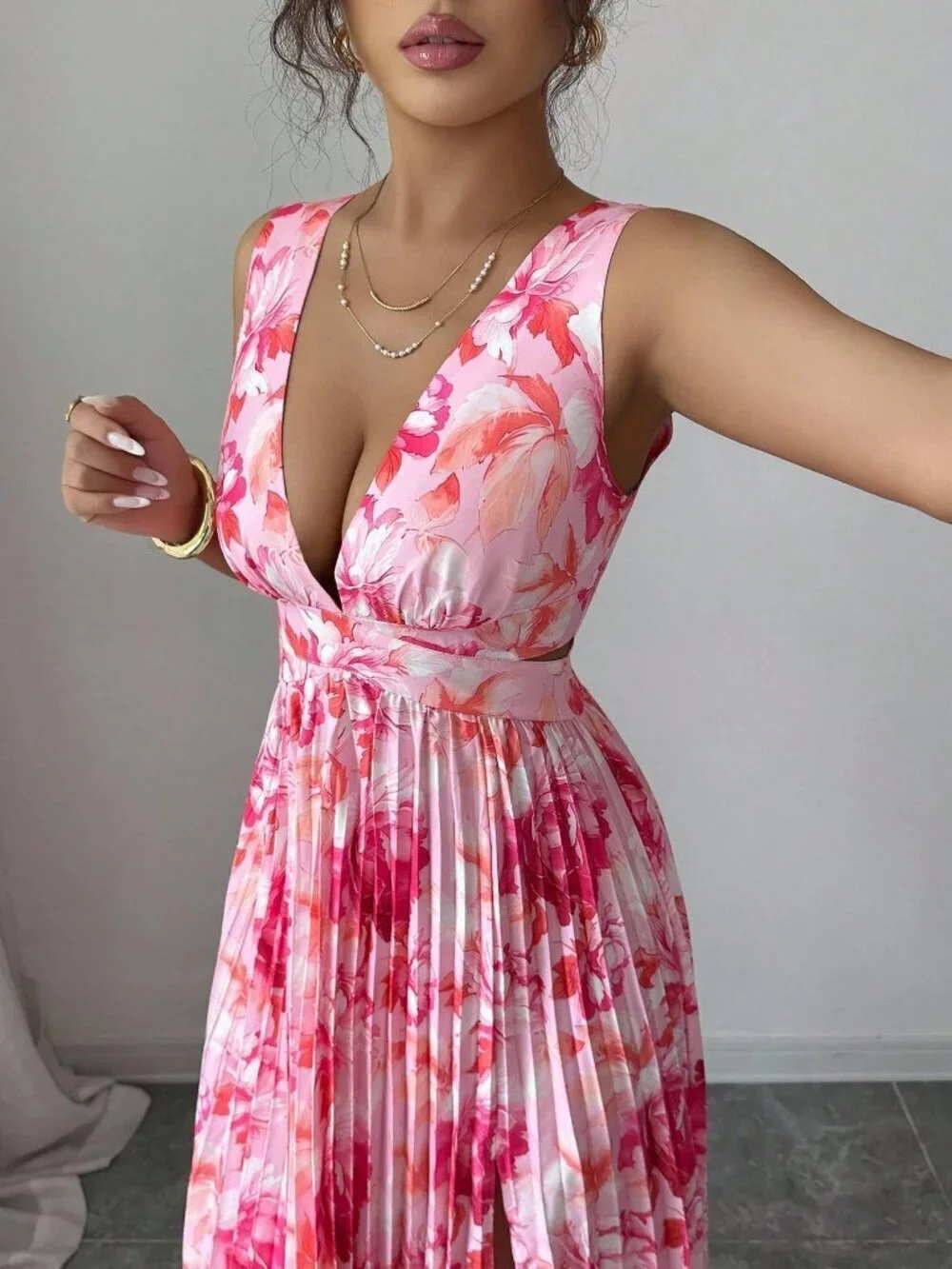 Multicolor Sexy Women's Sleeveless V-Neck A-Line Ruffle Floral Romantic Dress